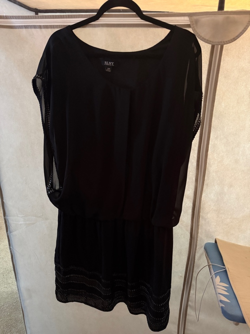 SLNY Black Chiffon Blouson Mini Dress with Crochet Trim